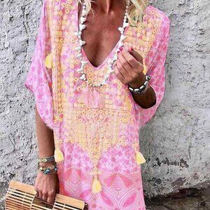 Misslook Pink & Yellow Tassel Embroidered Tunic Dress